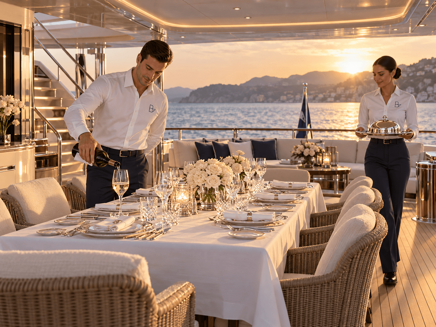 Illustrative Blue Across crew providing silver service aboard a yacht at sunset
