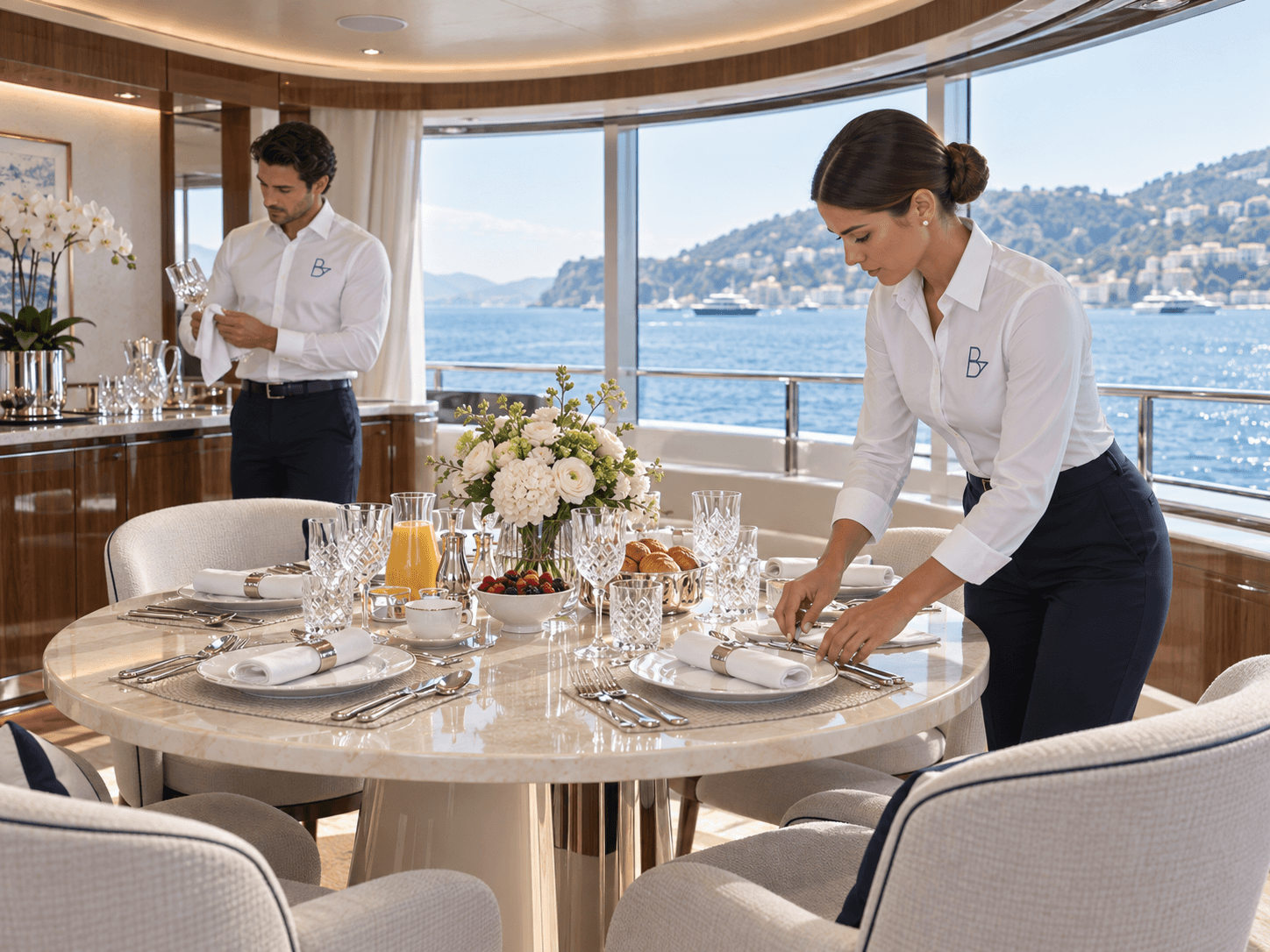 Illustrative Blue Across crew preparing a breakfast table aboard a yacht